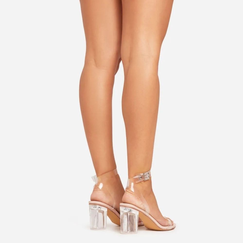 EGO Women's 11 Clear 3 Inch Block Heel Sandals Perspex Strappy Nude Party Shoes - Picture 3 of 12